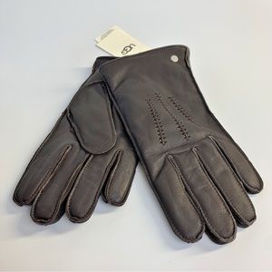 UGG Mens Brown Wrangell Conductive Sleek Leather Faux Fur Lined Gloves Sz Medium